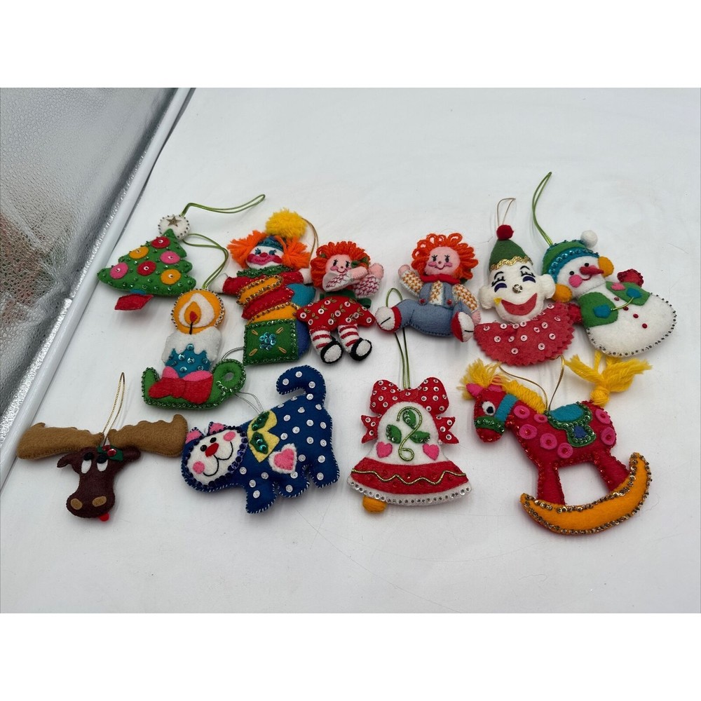 11 CHRISTMAS ORNAMENT RAGGEDY ANN ANDY  Rocking Horse Clown Cat FELT BEAD SEQUIN